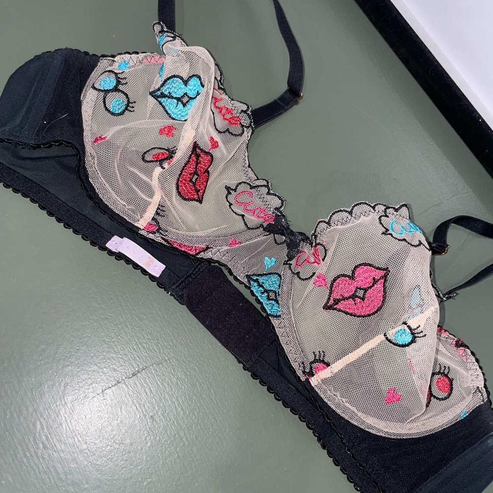 Savage X Fenty Black Bra with Colorful Lip Embroidery